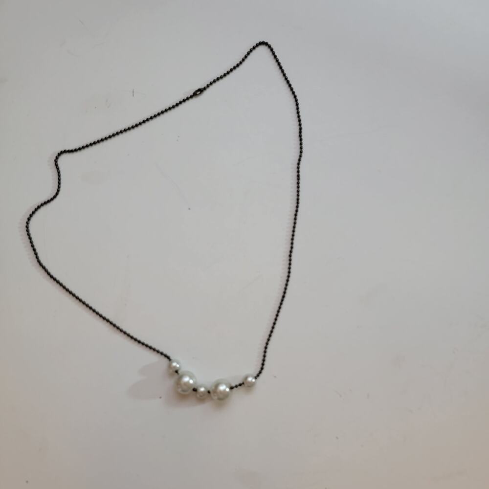 White Pearl Bead Choker, 16 Inch Black Chain Necklace, Vintage Costume Jewelry